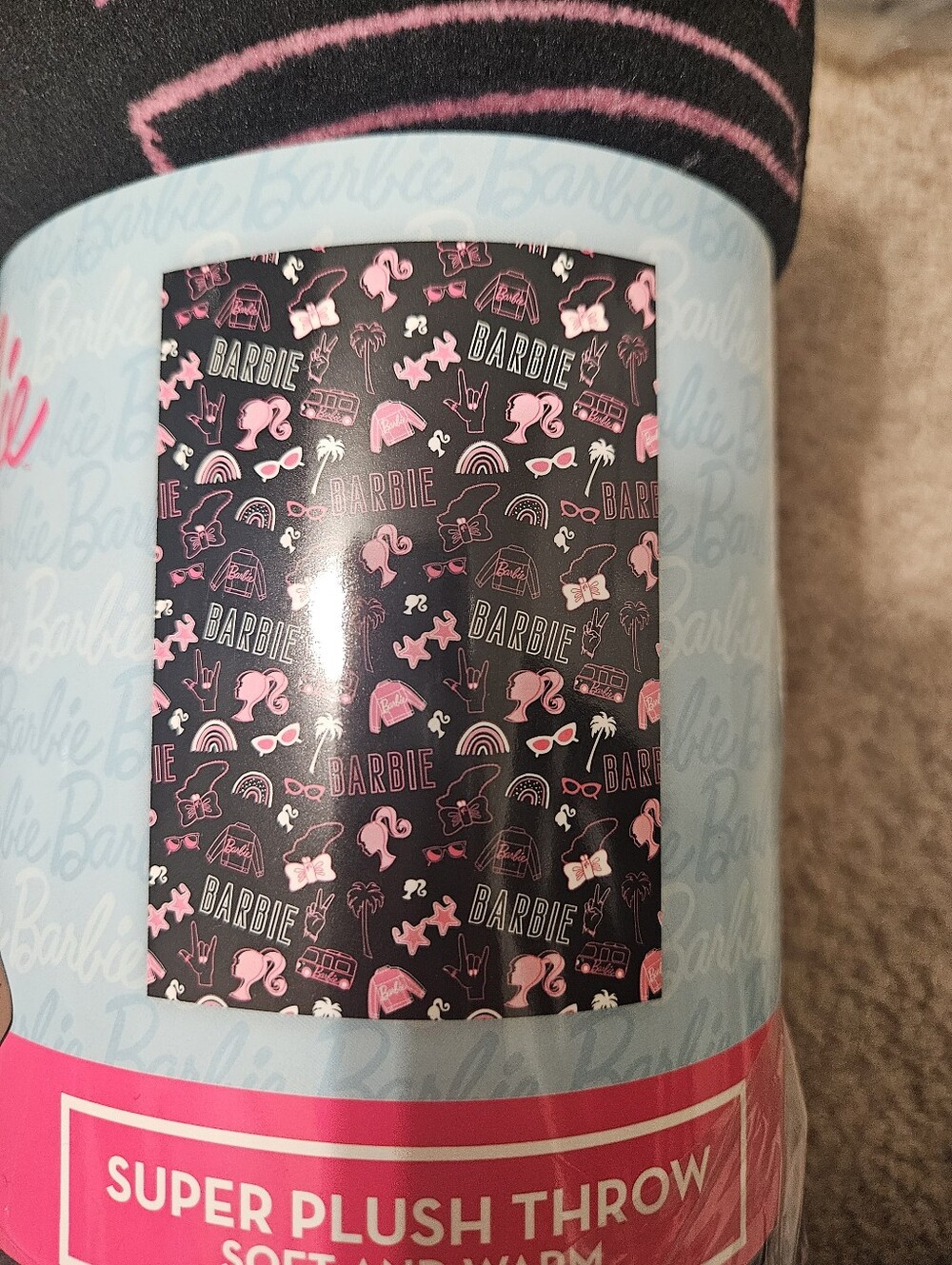 Barbie Black, White & Pink Palm Print Plush Throw
